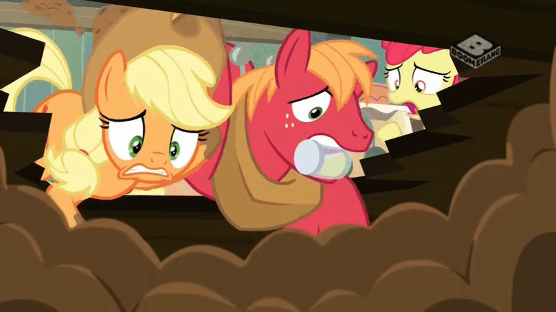 Size: 809x455 | Tagged: safe, screencap, character:apple bloom, character:applejack, character:big mcintosh, species:pony, episode:the perfect pear, g4, my little pony: friendship is magic, animated, boomerang (tv channel), digging, gif