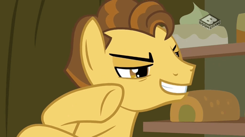 Size: 809x455 | Tagged: safe, screencap, character:grand pear, species:pony, episode:the perfect pear, g4, my little pony: friendship is magic, animated, boomerang (tv channel), evil laugh, gif, laughing, young grand pear, younger