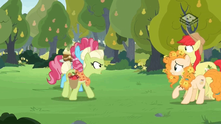 Size: 717x403 | Tagged: safe, screencap, character:bright mac, character:cup cake, character:granny smith, character:pear butter, species:earth pony, species:pony, ship:brightbutter, episode:the perfect pear, g4, my little pony: friendship is magic, adorasmith, animated, baking, biting, boomerang (tv channel), cake, chiffon swirl, cute, ear bite, ear pull, female, food, gif, madorable, male, mare, mother and child, mother and son, pear cake, pear orchard, pear tree, shipping, spit, stallion, straight