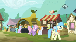 Size: 1024x576 | Tagged: safe, screencap, character:grand pear, character:granny smith, species:earth pony, species:pony, episode:the perfect pear, g4, my little pony: friendship is magic, apple, bandana, boomerang (tv channel), female, food, male, mare, stallion, young granny smith, younger
