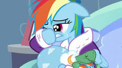 Size: 300x168 | Tagged: safe, screencap, character:rainbow dash, character:tank, species:pegasus, species:pony, episode:tanks for the memories, g4, my little pony: friendship is magic, bathrobe, clothing, crying, cute, dashabetes, dashie slippers, dawwww, duo, duo male and female, eyes closed, female, floppy ears, hnnng, mare, raised hoof, sleeping, slippers, tankabetes, tortoise, wiping