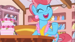 Size: 829x462 | Tagged: safe, screencap, character:cup cake, species:earth pony, species:pony, episode:the perfect pear, g4, my little pony: friendship is magic, boomerang (tv channel), bowl, cake, cute, cute cake, eyes closed, female, food, happy, mare, open mouth, smiling, solo, sugarcube corner