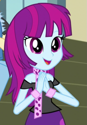 Size: 367x528 | Tagged: safe, screencap, character:mystery mint, equestria girls:friendship games, g4, my little pony:equestria girls, chs rally song, clothing, cropped, cute, female, male, open mouth, scarf, valhallen