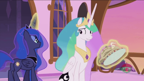 Size: 480x270 | Tagged: safe, screencap, character:princess celestia, character:princess luna, species:pony, episode:a royal problem, g4, my little pony: friendship is magic, animated, cute, food, gif, magic, pancakes, swapped cutie marks