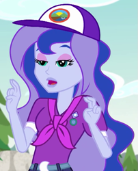 Size: 481x594 | Tagged: safe, screencap, character:princess luna, character:vice principal luna, equestria girls:legend of everfree, g4, my little pony:equestria girls, air quotes, camp everfree outfits, cap, clothing, cropped, hat, implying, lidded eyes, scarf, solo, vice principal luna