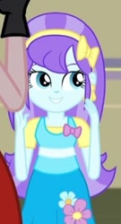 Size: 187x346 | Tagged: safe, screencap, character:aqua blossom, character:watermelody, equestria girls:friendship games, g4, my little pony:equestria girls, bow tie, chs rally song, cropped, duo, duo female, ear piercing, earring, female, flower, headband, jewelry, piercing