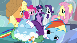 Size: 1280x720 | Tagged: safe, screencap, character:applejack, character:fluttershy, character:pinkie pie, character:rainbow dash, character:rarity, character:tank, character:twilight sparkle, character:twilight sparkle (alicorn), species:alicorn, species:earth pony, species:pegasus, species:pony, species:unicorn, episode:tanks for the memories, g4, my little pony: friendship is magic, angry, bathrobe, clothing, cute, dashabetes, dashie slippers, female, floppy ears, freckles, looking at each other, madorable, mane six, mare, rainbow dash is not amused, sad, slippers, tank slippers, unhappy