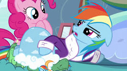 Size: 300x168 | Tagged: safe, screencap, character:pinkie pie, character:rainbow dash, character:tank, species:pony, episode:tanks for the memories, g4, my little pony: friendship is magic, bathrobe, clothing, dashie slippers, rainbow dash is not amused, slippers, tank slippers, unhappy