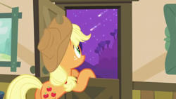 Size: 1334x750 | Tagged: safe, screencap, character:applejack, species:earth pony, species:pony, episode:apple family reunion, g4, my little pony: friendship is magic, female, mare, shooting star, slowpoke, solo