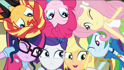 Size: 1920x1080 | Tagged: safe, screencap, character:applejack, character:fluttershy, character:pinkie pie, character:rainbow dash, character:rarity, character:sunset shimmer, character:twilight sparkle, character:twilight sparkle (scitwi), species:eqg human, equestria girls:dance magic, g4, my little pony:equestria girls, cute, dashabetes, diapinkes, huddle, humane five, humane seven, humane six, jackabetes, one eye closed, raribetes, shimmerbetes, shyabetes, teletoon, twiabetes, wink