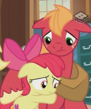 Size: 300x360 | Tagged: safe, screencap, character:apple bloom, character:applejack, character:big mcintosh, species:earth pony, species:pony, episode:the perfect pear, g4, my little pony: friendship is magic, adorabloom, animated, brother and sister, cute, equestria's best big brother, feels, female, floppy ears, gif, hug, male, sad