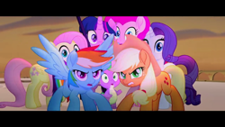 Size: 1280x720 | Tagged: safe, official, screencap, character:applejack, character:fluttershy, character:pinkie pie, character:rainbow dash, character:rarity, character:spike, character:twilight sparkle, character:twilight sparkle (alicorn), species:alicorn, species:dragon, species:earth pony, species:pegasus, species:pony, species:unicorn, my little pony: the movie (2017), baby, baby dragon, female, male, mane six