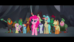 Size: 1280x720 | Tagged: safe, official, screencap, character:applejack, character:boyle, character:capper dapperpaws, character:captain celaeno, character:fluttershy, character:lix spittle, character:mullet, character:murdock, character:pinkie pie, character:princess skystar, character:rainbow dash, character:rarity, character:spike, species:anthro, species:classical hippogriff, species:dragon, species:hippogriff, my little pony: the movie (2017), parrot pirates, pirate