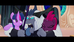 Size: 1920x1080 | Tagged: safe, official, screencap, character:storm king, character:tempest shadow, character:twilight sparkle, character:twilight sparkle (alicorn), species:alicorn, species:pony, my little pony: the movie (2017), bleh, broken horn, eye scar, horn, scar, tongue out