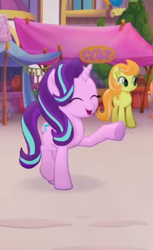 Size: 229x374 | Tagged: safe, screencap, character:cantaloupe, character:dawn sunrays, character:starlight glimmer, species:earth pony, species:pony, species:unicorn, my little pony: the movie (2017), background pony, cropped, cute, eyes closed, female, happy, mare, raised hoof