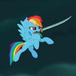 Size: 450x450 | Tagged: safe, screencap, character:rainbow dash, species:pegasus, species:pony, my little pony: the movie (2017), bandana, cropped, flying, mouth hold, pirate rainbow dash, solo, sword, weapon