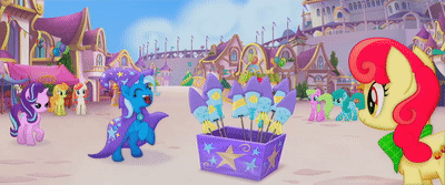 Size: 400x167 | Tagged: safe, official, screencap, character:apple bumpkin, character:cantaloupe, character:dawn sunrays, character:spring melody, character:sprinkle medley, character:starlight glimmer, character:trixie, species:pony, my little pony: the movie (2017), animated, apple family member, background pony, canterlot, cape, clothing, eyes closed, fireworks, gif, happy, hat, raised hoof, rearing, trixie's cape, trixie's hat, unnamed pony
