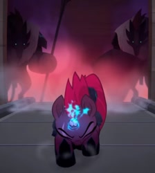 Size: 575x641 | Tagged: safe, official, screencap, character:tempest shadow, species:pony, my little pony: the movie (2017), broken horn, charge, cropped, eye scar, eyes closed, female, mare, scar, sparking horn, storm guard, youtube link