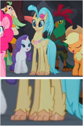 Size: 568x863 | Tagged: safe, screencap, character:applejack, character:captain celaeno, character:mullet, character:pinkie pie, character:princess skystar, character:rarity, species:anthro, species:classical hippogriff, species:hippogriff, species:pony, my little pony: the movie (2017), anthro with ponies, basalt beach, claws, cropped, hooves, parrot pirates, pirate