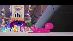 Size: 1920x1080 | Tagged: safe, screencap, character:applejack, character:fluttershy, character:party favor, character:pinkie pie, character:rainbow dash, character:rarity, character:spike, character:twilight sparkle, character:twilight sparkle (alicorn), species:alicorn, species:dragon, species:pony, my little pony: the movie (2017), balloon, brian (balloon animal), death of brian the balloon, mane six, missing horn, sad