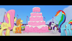 Size: 1920x1080 | Tagged: safe, screencap, character:applejack, character:fluttershy, character:rainbow dash, character:rarity, species:earth pony, species:pegasus, species:pony, species:unicorn, my little pony: the movie (2017), cake, food, giant cake