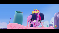 Size: 1920x1080 | Tagged: safe, screencap, character:twilight sparkle, character:twilight sparkle (alicorn), species:alicorn, species:pony, my little pony: the movie (2017), cake, food, party cannon, solo