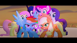 Size: 1920x1080 | Tagged: safe, screencap, character:applejack, character:fluttershy, character:pinkie pie, character:rainbow dash, character:rarity, character:spike, character:twilight sparkle, character:twilight sparkle (alicorn), species:alicorn, species:dragon, species:pony, my little pony: the movie (2017), mane seven, mane six, protecting, staff, staff of sacanas