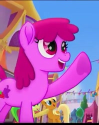 Size: 289x364 | Tagged: safe, screencap, character:apple cobbler, character:apple fritter, character:berry punch, character:berryshine, species:earth pony, species:pony, my little pony: the movie (2017), apple family member, background pony, cropped, female, mare, raised hoof, smiling, underhoof