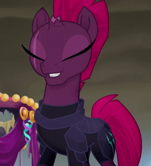Size: 580x640 | Tagged: safe, screencap, character:tempest shadow, species:pony, species:unicorn, my little pony: the movie (2017), animated, armor, broken horn, cropped, easy as pie, eye scar, female, gif, horn, mare, scar, solo