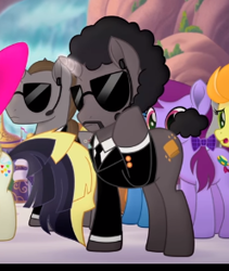 Size: 248x294 | Tagged: safe, screencap, character:songbird serenade, character:vinny, character:whinnyfield, species:pony, species:unicorn, my little pony: the movie (2017), bodyguard, canterlot shopkeep, clothing, cropped, headset, jules winnfield, male, ponified, pulp fiction, stallion, suit, sunglasses, unnamed character, unnamed pony, vincent vega