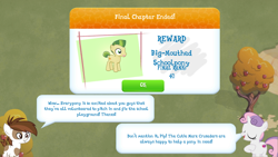 Size: 1280x720 | Tagged: safe, gameloft, screencap, character:carrot crunch, character:pipsqueak, character:sweetie belle, species:earth pony, species:pony, species:unicorn, episode:crusaders of the lost mark, g4, my little pony: friendship is magic, achievement, achievement unlocked, apple tree, colt, cutie mark, dialogue, female, filly, foal, game screencap, gameloft event: the cutie mark crusade, male, reward, speech bubble, sweet apple acres, the cmc's cutie marks, tree