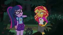 Size: 1280x720 | Tagged: safe, screencap, character:sunset shimmer, character:twilight sparkle, character:twilight sparkle (scitwi), species:eqg human, equestria girls:legend of everfree, g4, my little pony:equestria girls, blooper, legend of everfree - bloopers, snarf