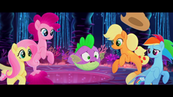 Size: 1280x720 | Tagged: safe, screencap, character:applejack, character:fluttershy, character:pinkie pie, character:rainbow dash, character:spike, species:seapony (g4), my little pony: the movie (2017), applejack's hat, clothing, cowboy hat, hat, puffer fish, seaponified, seapony applejack, seapony fluttershy, seapony pinkie pie, seapony rainbow dash, species swap, spike the pufferfish, youtube link