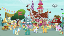 Size: 640x360 | Tagged: safe, screencap, character:bright mac, character:candy apples, character:grand pear, character:granny smith, character:pear butter, character:pearly stitch, species:earth pony, species:pony, ship:brightbutter, episode:the perfect pear, g4, my little pony: friendship is magic, apple family member, background pony, building, female, filly, honey bulb, ivy jive, male, mare, mountain tune, ponyville, shipping, spring harvest, stallion, straight, sugarcube corner, unnamed pony, you're in my head like a catchy song, young grand pear, young granny smith, younger, youtube link