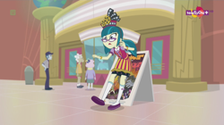 Size: 1136x638 | Tagged: safe, screencap, character:geri, character:juniper montage, character:pearly stitch, equestria girls:mirror magic, g4, my little pony:equestria girls, apron, background human, bus driver, canterlot mall, clothing, glasses, teletoon
