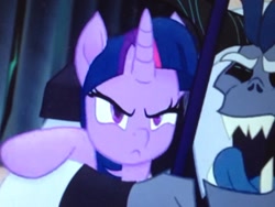 Size: 1116x837 | Tagged: safe, screencap, character:storm king, character:twilight sparkle, character:twilight sparkle (alicorn), species:alicorn, species:pony, my little pony: the movie (2017), cropped, faec, female, mare, open mouth, solo focus, staff, staff of sacanas, tongue out, twilight is not amused, unamused