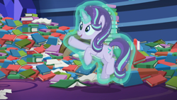 Size: 1920x1080 | Tagged: safe, screencap, character:starlight glimmer, species:pony, species:unicorn, episode:every little thing she does, g4, my little pony: friendship is magic, book, bookshelf, crystal, cute, levitation, magic, paper, self-levitation, smiling, solo, spell, telekinesis, training, twilight's castle library