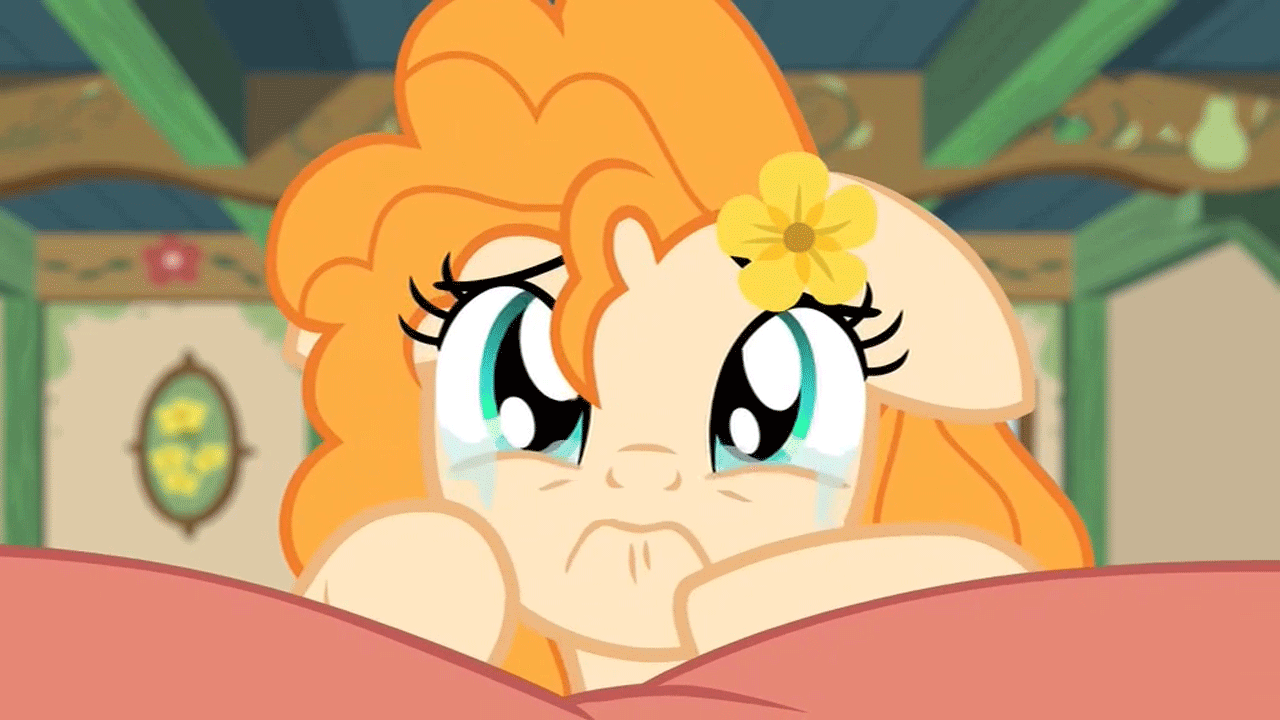 Size: 1280x720 | Tagged: safe, screencap, character:pear butter, species:pony, episode:the perfect pear, g4, my little pony: friendship is magic, animated, bed, crying, cute, floppy ears, flower, flower in hair, gif, pearabetes, sad, sadorable, solo, woobie