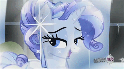 Size: 500x281 | Tagged: safe, screencap, character:rarity, episode:the crystal empire, g4, my little pony: friendship is magic, animated, bedroom eyes, crystal rarity, crystallized, gif, hub logo, loop, solo, sparkles