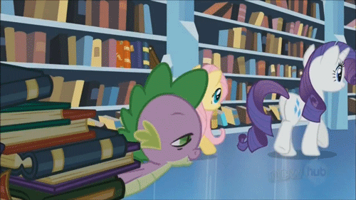 Size: 500x281 | Tagged: safe, screencap, character:fluttershy, character:pinkie pie, character:rarity, character:spike, episode:the crystal empire, g4, my little pony: friendship is magic, animated, book, library