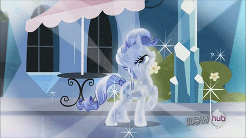Size: 500x281 | Tagged: safe, screencap, character:rarity, species:crystal pony, species:pony, episode:the crystal empire, g4, my little pony: friendship is magic, alternate hairstyle, animated, bedroom eyes, crystal hairstyle, crystal rarity, crystallized, gif, hub logo, pose, raised hoof, smiling, solo, sparkles