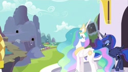 Size: 1920x1080 | Tagged: safe, screencap, character:princess celestia, character:princess luna, species:alicorn, species:pony, episode:the crystal empire, g4, my little pony: friendship is magic, black tome of future plot relevance, ethereal mane, female, friendship express, galaxy mane, magic, mare, mysterious book, railroad, telekinesis