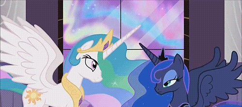 Size: 500x222 | Tagged: safe, screencap, character:princess celestia, character:princess luna, episode:the crystal empire, g4, my little pony: friendship is magic, animated, aurora borealis, aurora crystialis, crystal empire, horns are touching, sisters, spread wings, wings