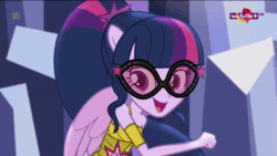 Size: 1920x1080 | Tagged: safe, screencap, character:twilight sparkle, character:twilight sparkle (scitwi), species:eqg human, equestria girls:dance magic, g4, my little pony:equestria girls, adorkable, animated, armpits, clothing, cute, dance magic (song), dancing, do the sparkle, dork, dress, looking at you, no sound, off shoulder, ponied up, scitwilicorn, solo, spread wings, teletoon, twiabetes, webm, wings