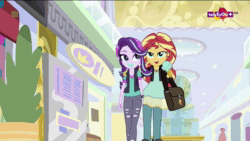 Size: 1920x1080 | Tagged: safe, screencap, character:starlight glimmer, character:sunset shimmer, equestria girls:mirror magic, g4, my little pony:equestria girls, animated, bag, beanie, clothing, duo, eating, female, food, geode of empathy, hat, hug, ice cream, jacket, jewelry, leather jacket, lidded eyes, looking at each other, magical geodes, messy eating, necklace, no sound, pendant, ripped pants, teletoon, thick, vest, walking, watch, webm, wide hips, wristwatch