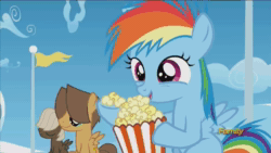 Size: 900x506 | Tagged: safe, screencap, character:dumbbell, character:hoops, character:rainbow dash, species:pony, episode:the cutie re-mark, animated, food, no sound, popcorn, webm, younger