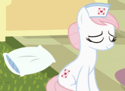 Size: 850x614 | Tagged: safe, screencap, character:nurse redheart, species:pony, episode:a flurry of emotions, g4, my little pony: friendship is magic, adoredheart, animated, animation error, cute, faint, no sound, pillow, ponyville hospital, solo, webm