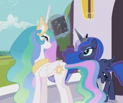 Size: 914x760 | Tagged: safe, screencap, character:princess celestia, character:princess luna, character:star swirl the bearded, species:alicorn, species:pony, episode:the crystal empire, g4, my little pony: friendship is magic, black tome of future plot relevance, cropped, ethereal mane, female, galaxy mane, magic, mare, mysterious book, telekinesis