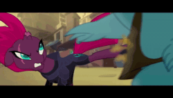 Size: 1280x720 | Tagged: safe, screencap, character:louise, character:mori, character:tempest shadow, species:pony, my little pony: the movie (2017), animated, broken horn, eye scar, fight, fishman, giant vendor, horn, klugetown, land shark, no sound, scar, webm