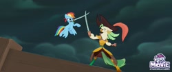 Size: 2048x858 | Tagged: safe, official, screencap, character:captain celaeno, character:rainbow dash, species:anthro, species:pony, my little pony: the movie (2017), anthro with ponies, mouth hold, my little pony logo, pirate rainbow dash, sword, sword fight, weapon